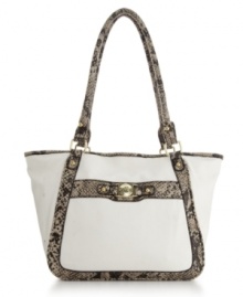 Get sassy in snakeskin with this sleek look by Marc Fisher. A classic tote shape showcases eye-catching snakeskin print tim and signature goldtone hardware.