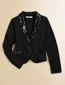 A classic blazer gets a fun twist with stylish sequin details. Sequin lapelFront button closureLong sleevesSequin mock pocketsCotton/polyester/spandexMachine washImported