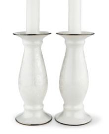 A delicate monochromatic vine motif, gentle curves and platinum trim are sure to infuse your décor with a gentle, elegant glow. Candles not included. Measures 6-1/8. Qualifies for Rebate A delicate monochromatic vine motif, gentle curves and platinum trim are sure to infuse your décor with a gentle, elegant glow. Candles not included. Measures 6-1/8. Qualifies for Rebate