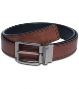 Double edge stitch leather belt by Timberland is reversible for 2 different unique looks.