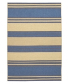 Soothing blue and cream stripes add delicious texture to any ordinary space. Made from structured-weave polypropylene, this indoor/outdoor rug from Couristan is 100% recyclable and resistant to fading, mildew and mold. Soothing blue and cream stripes add delicious texture to any ordinary space. Made from structured-weave polypropylene, this indoor/outdoor rug from Couristan is 100% recyclable and resistant to fading, mildew and mold.