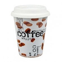 Porcelain travel mugs with rubber lid. Special heat resistant technology around the top of the cup will prevent the porcelain from getting too hot while carrying it. Reads Coffee all over.