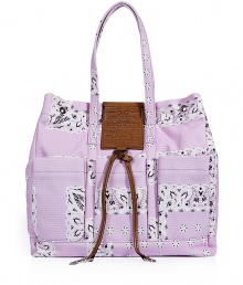 Stylish tote in fine, pure lilac cotton - Ultra-durable canvas fabric in a chic paisley bandana print Embossed leather logo plaque and tassel embellishment - Two top handles and snap closure - Two practical exterior open pockets - Fully lined, with large interior zip pocket - Utilitarian and casually cool, ideal for everyday leisure Stylish tote in fine, pure lilac cotton - Ultra-durable canvas fabric in a chic paisley bandana print Embossed leather logo plaque and tassel embellishment - Two top handles and snap closure - Two practical exterior open pockets - Fully lined, with large interior zip pocket - Utilitarian and casually cool, ideal for everyday leisure