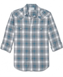 Lucky Brand takes plaid flannel and uses all the old-time details-snap fasteners, a pointed front yoke, chest pockets-to create Jesse, a shirt with modern cowboy cool.