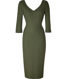 With its form-fitting silhouette and contemporary olive khaki hue, LWren Scotts stretch sheath is an exquisitely elegant choice - Deep V-neckline in front and back, 3/4 sleeves, hidden metal back zip - Sensuously form-fitting throughout - Team with sky-high platforms and a dusting of metallic accessories With its form-fitting silhouette and contemporary olive khaki hue, LWren Scotts stretch sheath is an exquisitely elegant choice - Deep V-neckline in front and back, 3/4 sleeves, hidden metal back zip - Sensuously form-fitting throughout - Team with sky-high platforms and a dusting of metallic accessories