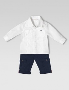 Button-front style features interlocking G embroidery and signature web detail.Point collar Front button closure with striped web detail on the placket Long sleeves with button cuffs Front patch pockets 73% cotton/23% nylon/4% elastane Dry clean Made in ItalyPlease note: Number of buttons may vary depending on size ordered. 