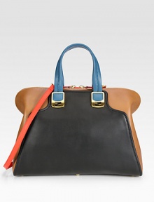 An impeccably tailored silhouette of supple colorblock leather, finished with dual straps for versatility.Double top handles, 5½ dropDetachable adjustable shoulder strap, 18-24½ dropTop zip closureProtective metal feetOne inside zip pocketTwo inside open pocketsCotton lining15W X 11H X 6½DMade in Italy