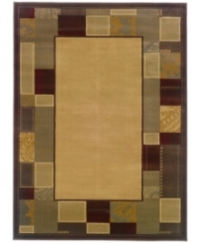 A contemporary patchwork border adds just the right accent with a natural palette of woodland browns, rustic reds, mossy greens and warm cinnamon. This casual area rug from Sphinx is made from polypropylene for stain-resistant durability -- the ideal design for high-traffic areas. A contemporary patchwork border adds just the right accent with a natural palette of woodland browns, rustic reds, mossy greens and warm cinnamon. This casual area rug from Sphinx is made from polypropylene for stain-resistant durability -- the ideal design for high-traffic areas.