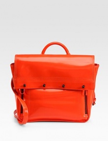 Lustrous patent leather in a roomy top-handle design, finished with expandable zip-gussets.Top handle, 2½ dropRemovable adjustable shoulder strap, 18½-23½ dropFlap snap closureSide zip-gussetsOne inside zip pocketFully lined13W X 10½H X 5¼DImported