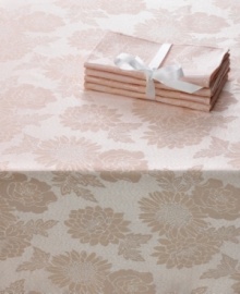 All set for spring. With a tablecloth and napkins for up to four guests, this Dinner Party Medley table linens set offers efficiency for the busy host and a pastel-pink floral motif to make the meal unforgettable. All set for spring. With a tablecloth and napkins for up to four guests, this Dinner Party Medley table linens set offers efficiency for the busy host and a pastel-pink floral motif to make the meal unforgettable.