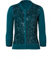 Shimmer into autumnal elegance in LWren Scotts rich petrol 3/4 sleeve cardigan, intricately embellished with sparkly tonal sequins for an exquisitely glamorous finish - Rounded neckline, 3/4 sleeves, fine ribbed trim, hidden snapped front with velvet panel - Feminine slim fit - Team with sleek sheaths for work, or dress up with pretty cocktail dresses and a dusting of sparkly fine jewelry