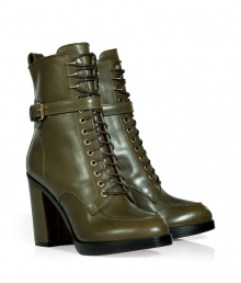 Fashion-forward looks get a utilitarian-chic polish with Givenchys deep pistachio lace-up leather boots, detailed with spiked hardware for that cool, hard-edged finish - Rounded toe, buckled strap, hidden inside zip, pull tab, blocky heel, welted thick leather sole - Pair with leather leggings and edgy outerwear for a laid-back luxe look