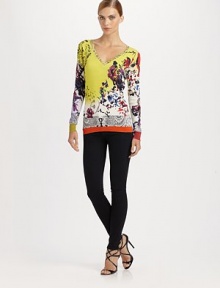 Finespun knit silk, printed with abstracted florals and bands of delicate paisley.V neckLong sleevesRib-knit cuffs and hem85% silk/15% lycraDry cleanMade in ItalyModel shown is 5'10½ (179cm) wearing US size 4. Additional Information Women's Premier Designer & Contemporary Size Guide 