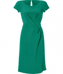 Luxe dress in fine, pure emerald green silk - Incredibly soft, lightweight fabric hangs beautifully - Fitted bodice with round neck and cap sleeves - Decorative gathering at bust and flattering drape at waist - Key hole detail and elegant, eye-catching ruffle embellishment at back - Slim, straight skirt hits at knee - Zips at side - Chic and vibrant, ideal for parties, cocktails and evenings out - Pair with sandals or heels and a statement clutch Luxe dress in fine, pure emerald green silk - Incredibly soft, lightweight fabric hangs beautifully - Fitted bodice with round neck and cap sleeves - Decorative gathering at bust and flattering drape at waist - Key hole detail and elegant, eye-catching ruffle embellishment at back - Slim, straight skirt hits at knee - Zips at side - Chic and vibrant, ideal for parties, cocktails and evenings out - Pair with sandals or heels and a statement clutch
