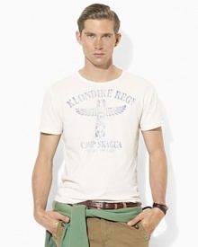 A faded totem pole graphic with camp-inspired verbiage lends vintage appeal to a classic-fitting T-shirt in whisper-thin cotton jersey.