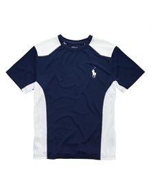 The Active tee is crafted in a pieced design of silky, featherweight microfiber interspersed with perforated panels for superior breathability and ventilation.