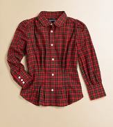 Crafted from ultra-soft brushed cotton, an adorable plaid shirt is given a girly update with pintuck detailing.Club collarLong sleeves with buttoned barrel cuffsButton-frontGathered and pintucked waistShirttail hemCottonMachine washImported Please note: Number of buttons may vary depending on size ordered. 