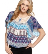 Patchwork print lends bohemian cool to this cute top from Ali & Kris! Pair it with your favorite jeans for a day outfit that's '70's inspired!