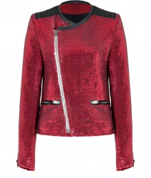 An exquisitely glamorous take on hard-edge elegance, Iros two-tone sequined jacket is a must for rocker-chic looks - Wrapped round neckline, long sleeves, zippered cuffs, asymmetrical front zip, zippered pockets, quilted washed leather shoulders and trim - Form-fitting - Style with tees, edgy leather leggings, and flawless flats for day, or dress up with feminine cocktail dresses and statement heels for night An exquisitely glamorous take on hard-edge elegance, Iros two-tone sequined jacket is a must for rocker-chic looks - Wrapped round neckline, long sleeves, zippered cuffs, asymmetrical front zip, zippered pockets, quilted washed leather shoulders and trim - Form-fitting - Style with tees, edgy leather leggings, and flawless flats for day, or dress up with feminine cocktail dresses and statement heels for night