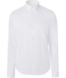 Anchor your wardrobe with classically stylish staples like this white Costume National cotton blend dress shirt - Slim, straight cut, with a touch of stretch for extra comfort - Button down style, with Kent collar and long sleeves - Rounded hem hangs slightly longer in the back - Seamlessly transitions from day to evening - Pair with suit trousers, chinos or denim
