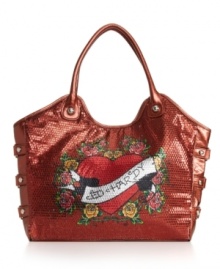 Flower power forever: the Fleur Delight Anna tote features a big red Ed heart surrounded by red and yellow roses rendered in glittering sequins. Flower power forever: the Fleur Delight Anna tote features a big red Ed heart surrounded by red and yellow roses rendered in glittering sequins.