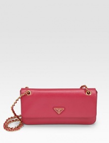 Flap design in soft calfskin with stamped etch pattern and shoulder chain.Leather and chain shoulder strap, 12½ drop Snap flap closure One inside zip pocket Calfskin lining 9W X 4H X 1D Made in Italy