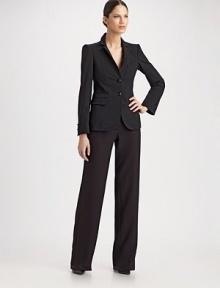 A polished look in lightweight wool with wide, straight legs.Wide, two-button waistband Front zipper Back waist darts Unfinished hem Virgin wool Dry clean Imported