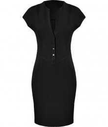 Work a sultry edge into your work to cocktails looks with Catherine Malandrinos jet black shift - Round neckline with deep slit, cap sleeves, front button detail, contoured seaming - Form-fitting - Wear with statement jewelry and heels