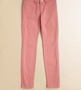 Styled like jeans, skinny like leggings, with a touch of stretch that active girls crave.Front button and zip flyBelt loopsFaux front pocketsBack patch pocketsCotton/Lycra spandexMachine washMade in USA of imported fabric