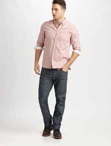 Chambray with a waterless tumble for a softened hand feel, set in a slim-straight silhouette.Five-pocket styleZip flyInseam, about 35CottonMachine washImported Chambray with a waterless tumble for a softened hand feel, set in a slim-straight silhouette.Five-pocket styleZip flyInseam, about 35CottonMachine washImported