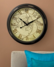A face with distressed map detail gives this round clock a whimsical air. Richly framed in resin, with classic Roman numerals. A face with distressed map detail gives this round clock a whimsical air. Richly framed in resin, with classic Roman numerals.
