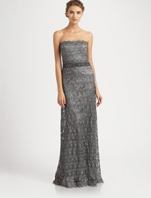 Gorgeously embroidered lace, in a strapless silhouette dressed up by a jeweled ribbon waistband.Scalloped strapless necklineJeweled ribbon waistband with back bowConcealed back zipFully linedAbout 40 from natural waist65% polyester/35% metallic fiberDry cleanImportedModel shown is 5'11 (180cm) wearing US size 4. Gorgeously embroidered lace, in a strapless silhouette dressed up by a jeweled ribbon waistband.Scalloped strapless necklineJeweled ribbon waistband with back bowConcealed back zipFully linedAbout 40 from natural waist65% polyester/35% metallic fiberDry cleanImportedModel shown is 5'11 (180cm) wearing US size 4.