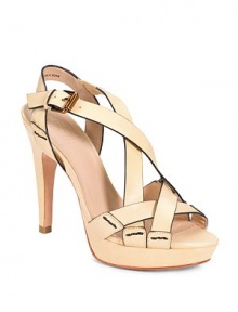 THE LOOKOpen toe Crisscrossing leather straps Adjustable ankle strapTHE FITSelf-covered heel, 4½ (115mm) Self-covered platform, 1 (25mm) Compares to a 3½ heel (90mm)THE MATERIALLeather lining and sole Padded insoleORIGINImported