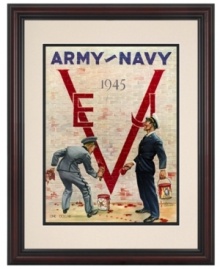Salute military football heroes with Army-Navy artwork. The Army won the 1945 football contest, but the teams unite on the game's program cover to paint a V for victory in World War II. A cherry-finished frame and double mat complete this classic reproduction. Salute military football heroes with Army-Navy artwork. The Army won the 1945 football contest, but the teams unite on the game's program cover to paint a V for victory in World War II. A cherry-finished frame and double mat complete this classic reproduction.