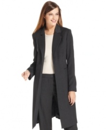 Calvin Klein updates pinstripes with a modern, sleek look: an elongated, open-front jacket gives this menswear-inspired fabric a fresh twist.