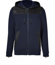 Detailed with slick tonal paneling, Marc by Marc Jacobs navy hoodie is an edgy way to dress up laid-back looks - Drawstring hood, long sleeves, zippered cuffs, zippered front pockets, zippered front - Slim fit - Wear with jeans and biker-style boots