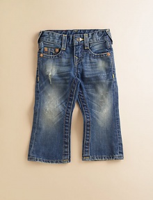 Darling denim for the little one, this distressed pair with a faded rinse is a fun take on the blues. Belt loops Front zipper with snap closure Five-pocket styling Back flap snap pockets Small Buddha pocket lining Cotton; machine wash Imported of American fabric Please note: distress pattern may vary Darling denim for the little one, this distressed pair with a faded rinse is a fun take on the blues. Belt loops Front zipper with snap closure Five-pocket styling Back flap snap pockets Small Buddha pocket lining Cotton; machine wash Imported of American fabric Please note: distress pattern may vary