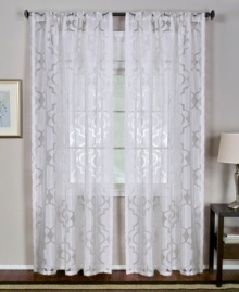 Featuring an iron-work motif inspired by the gates of Rome, the Motego window panel brings modern elegance to your home. Display alone or layer with your favorite solid panels. Semi-sheer; pole top construction. Featuring an iron-work motif inspired by the gates of Rome, the Motego window panel brings modern elegance to your home. Display alone or layer with your favorite solid panels. Semi-sheer; pole top construction.