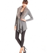 A dramatic, faux-fur collar enhances Sequin Hearts' handkerchief-hem cardi with seriously lush style. Pair the layer with any of the season's statement leggings for a look that's casual with a hint of runway-cool.