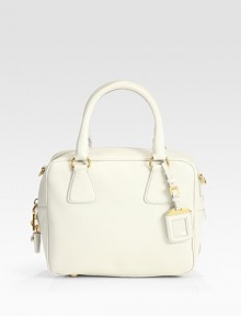 A structured bag, in Saffiano calfskin and finished with goldtone hardware.Double top handles, 6 drop Adjustable shoulder strap, 15½-19½ drop Top zip closure Protective metal feet One inside zip pocket Jacquard lining 10W X 9½H X 5D Made in Italy