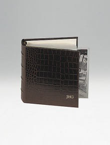 Crafted of crocodile-embossed Italian calfskin, this handsome design is the perfect way to store and display treasured photos. 18 clear pocket leaves hold 36, 4 X 6 photos 5½ X 6¾ Made in USAFOR PERSONALIZATIONSelect a color and quantity, then scroll down and click on PERSONALIZE & ADD TO BAG to choose and preview your monogramming options. Please allow 1 week for delivery. Crafted of crocodile-embossed Italian calfskin, this handsome design is the perfect way to store and display treasured photos. 18 clear pocket leaves hold 36, 4 X 6 photos 5½ X 6¾ Made in USAFOR PERSONALIZATIONSelect a color and quantity, then scroll down and click on PERSONALIZE & ADD TO BAG to choose and preview your monogramming options. Please allow 1 week for delivery.