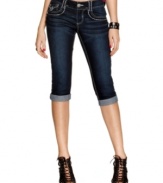 Bold stitch detail meets a slimming dark wash on these denim capris from Jolt! Offset these jeans with a color-rich top for a day look that's extra chic!