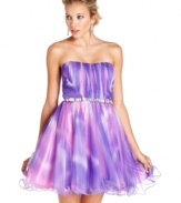 Utterly delightful, City Studios flouncy party dress combines a classic ruffle-wire hem with an ombre of purply hues.