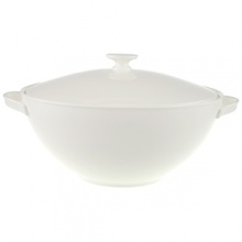 Anmut will be the choice for purists; it is an undecorated white that beautifully shows off the glamorous forms and quality bone china. Dishwasher and microwave safe. Accessories shown: oval platter, round vegetable bowl, creamer, sugar bowl.