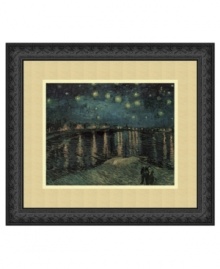 Quintessential Van Gogh, Starlight Over the Rhone is the artist's evening view of Arles, France. Rich blues are punctuated with golden stars and lights framing the riverbank. An antique black frame complements dark corners of the night sky.