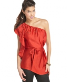 Bring chic, fiesta style to any occasion with this one-shoulder top from XOXO designed with eyelet cutouts! Bring chic, fiesta style to any occasion with this one-shoulder top from XOXO designed with eyelet cutouts!