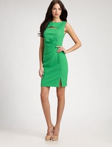 Impeccably tailored to fit your figure, this brightly-hued shift features soft asymmetrical pleating and an alluring slit front.BoatneckSleevelessSlit front detailAsymmetrical side pleatsSide slitConcealed back zipFully linedAbout 24 from natural waist97% polyester/3% spandexDry cleanImportedModel shown is 5'11 (180cm) wearing US size 4. 