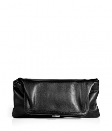 The ultimate statement of understated sophistication, Maison Martin Margielas flawless black leather fold-over clutch is an exquisitely chic choice for giving your outfit a sleek, streamlined finish - Fold-over with hidden snap, covered leather frame with metal clasp, large sectional pocket with metallic bordeaux leather lining and 3 back wall credit card slots, 2 front zippered pockets, silver-toned metal hardware, removable thin shoulder strap - Carry as a shoulder bag with modern-minimalist separates, or to cocktail hour as a clutch with edgy party dresses
