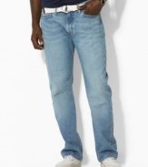 Classic-fitting jean in a rugged wash, gently distressed for the soft, faded look and feel of a timeworn favorite.