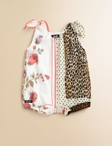 Bold leopard spots, pretty polka dots, feminine roses and durable denim come together in a charming woven romper of cool cotton.Tie shouldersRound necklineSleevelessBubble shapeDenim back patch pocketsSnap bottomElasticized leg openingsCotton liningCottonMachine washImported